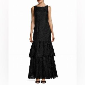 Adrianna Papell black tiered embroidered lace gown